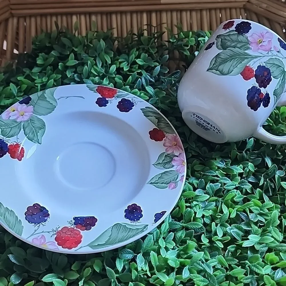 Vintage Stoneware Berries Teacup & Saucer Cottage Core Farmhouse Chic